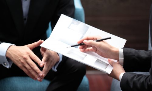 Close-up of businesswoman's hand holding a pencil pointing at a brochure with a businessman in meeting.